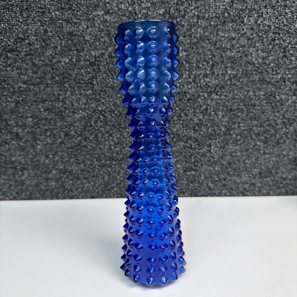 Vintage Cobalt Blue Hobnail Glass Bud Vase 9 Inch Tapered Art Glass Decor MCM